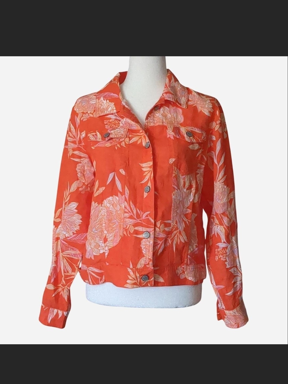 Cynthia Rowley 100% Linen Orange Floral Sunset Trucker Jacket Sz M